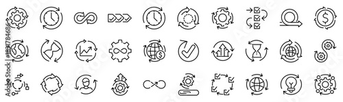 Set of 30 outline icons related to continuity. Linear icon collection. Editable stroke. Vector illustration