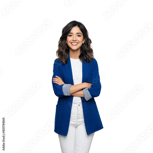 Smiling woman with wavy brown hair wearing blue blazer and white pants stands confidently with arms crossed, isolated on transparency background, expressing positivity and professionalism