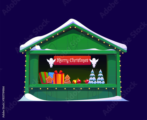 Christmas market stall with gifts, gingerbread cookies, angel shapes, baubles and trees. Cartoon vector festive wooden booth, kiosk or bazaar shop at winter holiday fair, decorated with warm lights