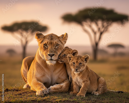 Lioness with two cubs sitting together