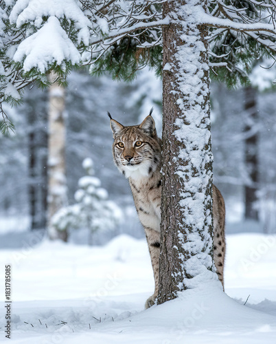 Lynx peeking from behind a snowy tree