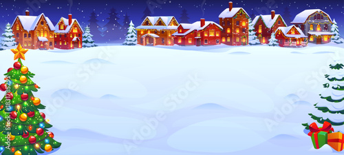 Cartoon snowy winter Christmas town landscape vector background. Festive Xmas holiday night village or town square with house buildings street, Christmas tree and gifts, Xmas lights and ornaments