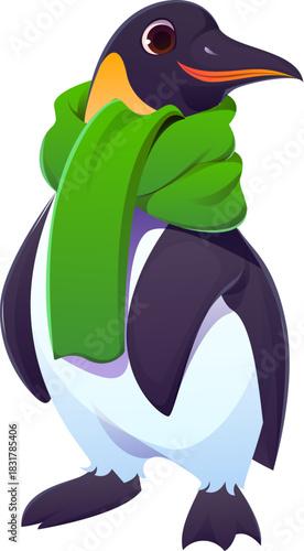 Christmas penguin or cartoon animal character for winter holiday, vector personage. Funny penguin in green scarf with happy face for Christmas greeting, New Year and Xmas celebration