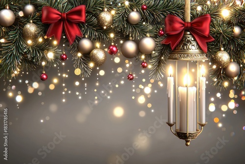 christmas lantern with candles and festive garland of fir branches red bows and golden balls on grey background for holiday greeting card and banner design