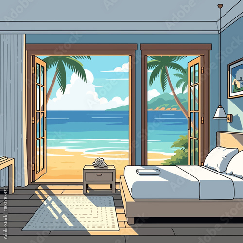 Cartoon illustration of tropical bedroom with ocean view through open doors