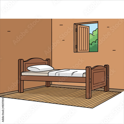 Cartoon room illustration with bed and window revealing greenery scenery