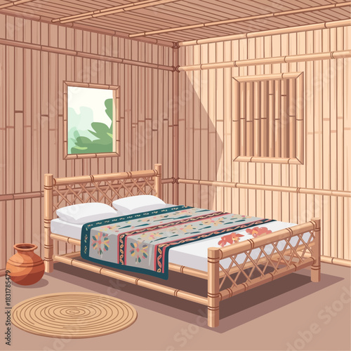 Cozy bamboo bedroom with traditional design and minimalist decor style