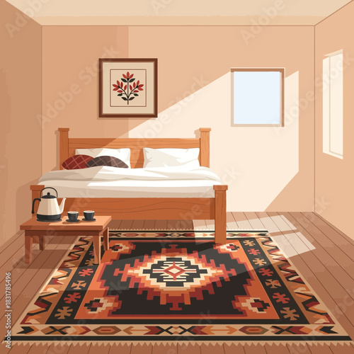 Comfortable bedroom with ethnic carpet and tea set for cozy relaxation