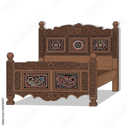 Exquisite wood crafted bed frame with intricate design and textile detail