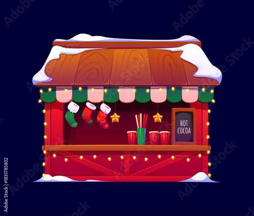 Christmas market stall with cocoa drinks, stockings and glowing lights. Cozy winter fair, street bazaar booth. Cartoon vector holiday market store or shop, decorated for festive celebration at night