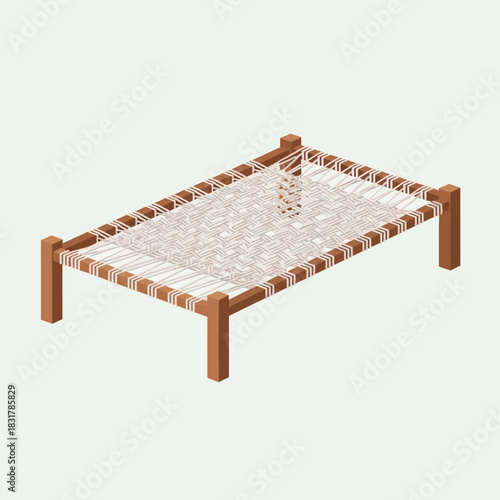 Isometric illustration of a traditional charpai cot with woven rope bed