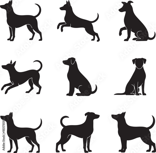 Collection of dog breed silhouettes in various poses for graphic design