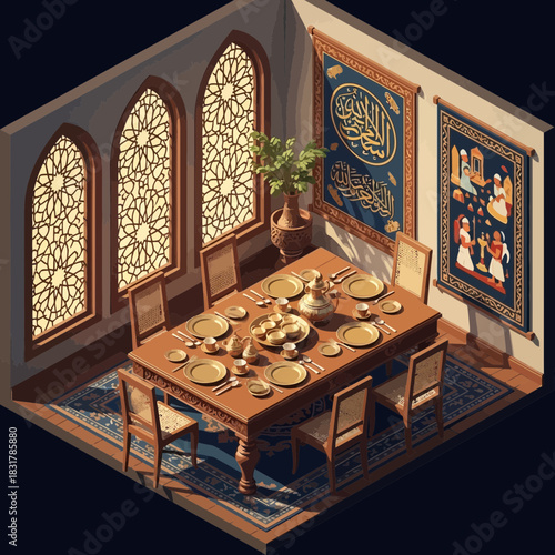 Isometric illustration of an arabesque dining room with festive decorations