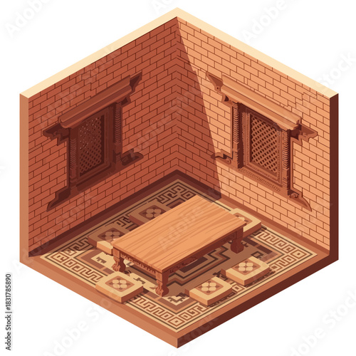 Isometric interior depicting traditional Nepalese craftsmanship and architecture