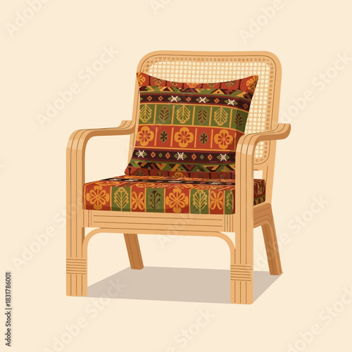 Rattan Armchair with Cushion Featuring Vintage Ethnic Geometric Pattern