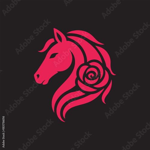 Horse head silhouette with a rose on a black background 