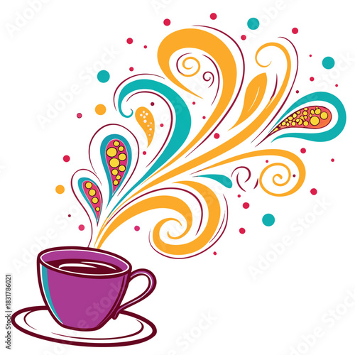 Vector illustration vibrant abstract steam rising from a purple coffee cup in a colorful, swirling, decorative design