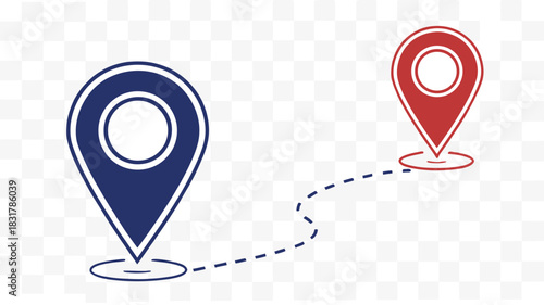 Vector illustration two map location pin icon showing a route or path between a blue starting point and a red destination point