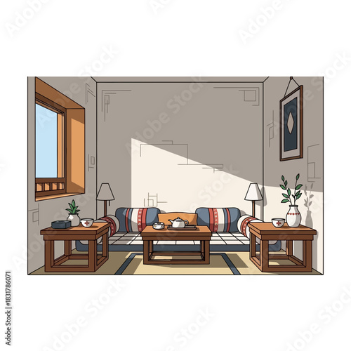 Serene living room interior with furniture and decorations, a peaceful aesthetic