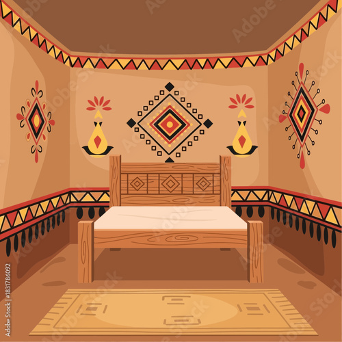 Stylized bedroom interior adorned with tribal motifs and earthy color palettes