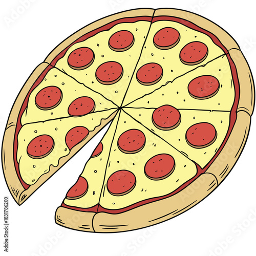 Vector illustration cartoon illustration of a whole pepperoni pizza cut into eight slices with one slice slightly pulled away