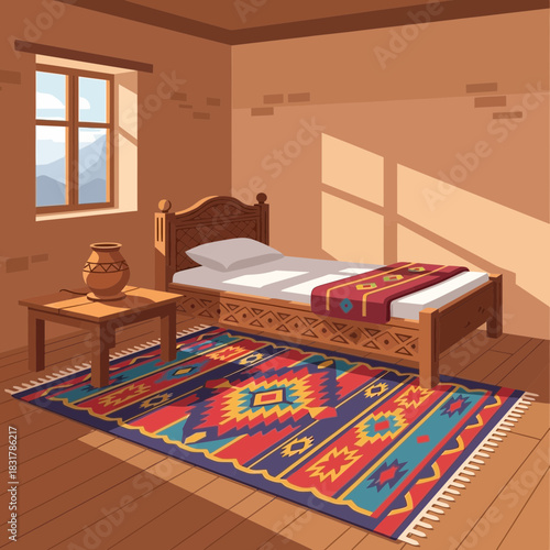Vintage bedroom interior with decorative rug and warm sunlight effects