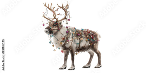 Reindeer adorned with Christmas lights and ornaments isolated on a transparent background
