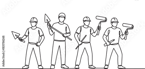 Continuous one-line drawing of a group of construction or renovation workers with tools