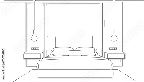 Modern Bedroom Layout with Double Bed and Decorative Panel.