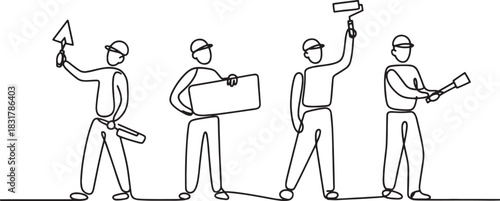 Continuous one-line drawing of a group of construction or renovation workers with tools