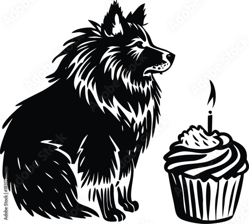 Vector illustration black and white vector illustration of a fluffy dog sitting next to a cupcake with a single lit candle