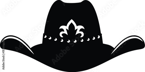 Vector illustration black silhouette of a cowboy hat featuring a decorative fleur de lis emblem and stud accents