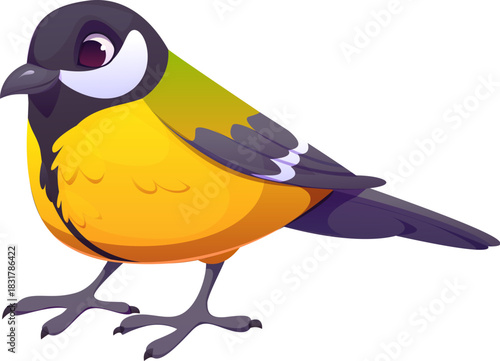 Christmas cartoon goldfinch or finch bird character for Xmas winter holiday, vector personage. Funny yellow goldfinch for Christmas greeting and New Year animal character