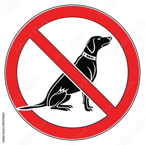 Vector illustration black silhouette of a sitting dog inside a red circle with a diagonal line, indicating no dogs allowed sign