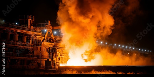 Large industrial plant with a lot of smoke and fire