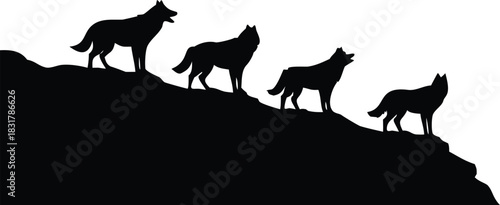 Vector illustration silhouette of a wolf pack howling on a cliff edge