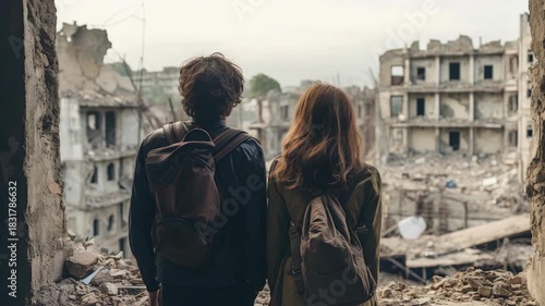 Wallpaper Mural A man and a woman are standing in front of a building. The man is wearing a backpack and the woman is wearing a backpack Torontodigital.ca