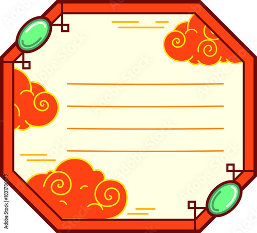 Asian motif, korean kids memo note template. Planner to do list vector Chinese frame, kids diary Japanese aesthetics memo note. Schedule Asian motif sticker with red clouds and nephrite green gems