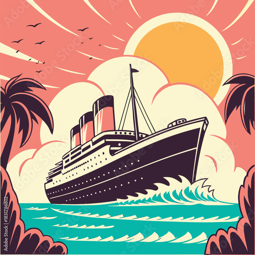 Vector illustration vintage ocean liner cruise ship sailing on tropical turquoise water under a bright sun with palm trees