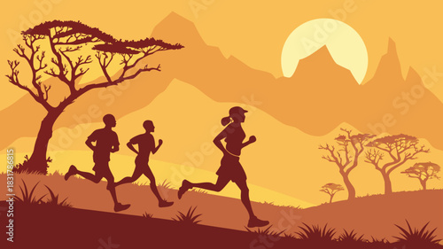 Vector illustration silhouettes of three runners jogging uphill during a vibrant orange sunset in an african savanna landscape