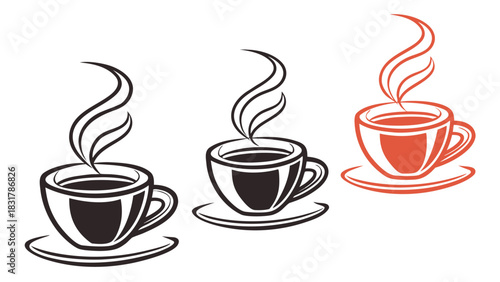 Vector illustration set of three steaming coffee cup icons in black and red color variations
