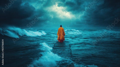 Wallpaper Mural Monk walking on water during a stormy ocean scene with dramatic clouds Torontodigital.ca