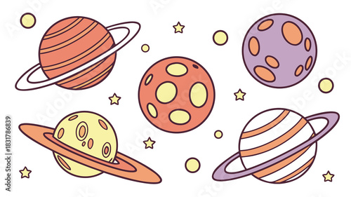 Vector illustration cute cartoon planets with rings and stars in space