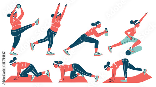 Vector illustration set of seven illustrations showing a woman performing various strength and cardio exercises with equipment like a ball and bottle