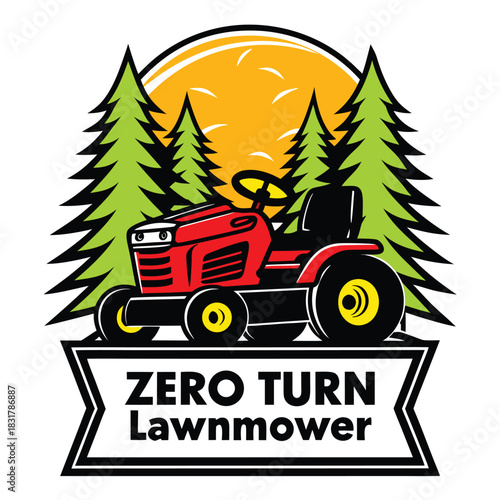 Vector illustration cartoon logo design of a red zero turn lawnmower in a forest setting with sun for landscaping business