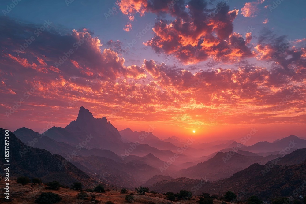 Obraz premium Sunset illuminating dramatic mountain ranges and colorful sky with clouds