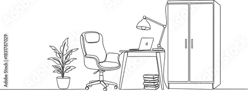One Line Home Study Desk and Closet Outline Art.