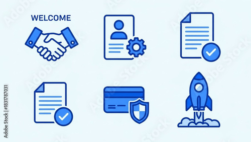 Collection of business icons including handshake, document, card, and rocket with welcome text