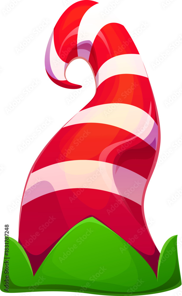 Obraz premium Christmas elf hat, Santa helper cap, striped red, white and green vector headwear accessory. Cute cartoon Leprechaun costume, funny fairy and xmas holiday fantasy clothes, winter festive decoration