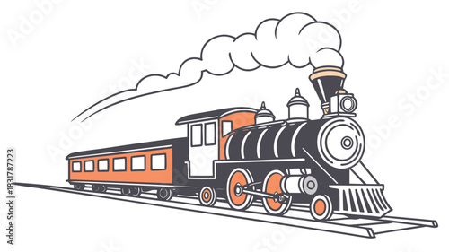 Vector illustration vintage steam locomotive train with passenger car traveling down railroad track